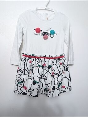 Catimini Girls White Long-Sleeve Cat And Dog Pom-Pom Dress 2 T